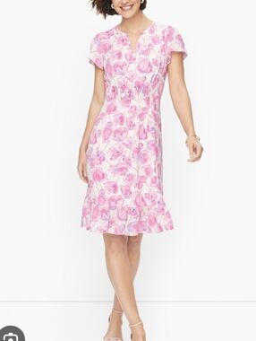 Talbots Flounce Hem Spring Poppies Midi Dress sz 4 Pink Ivory Chic Garden Party